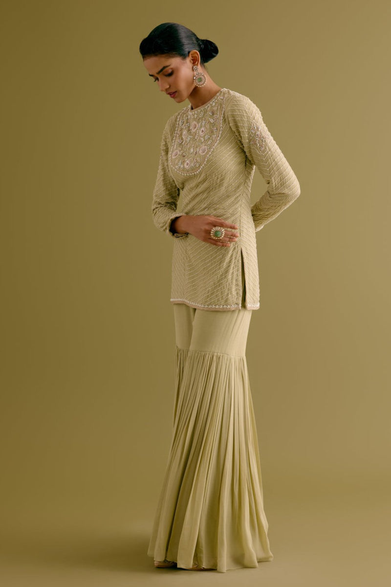 Olive Green Embroidered Georgette Gharara Set