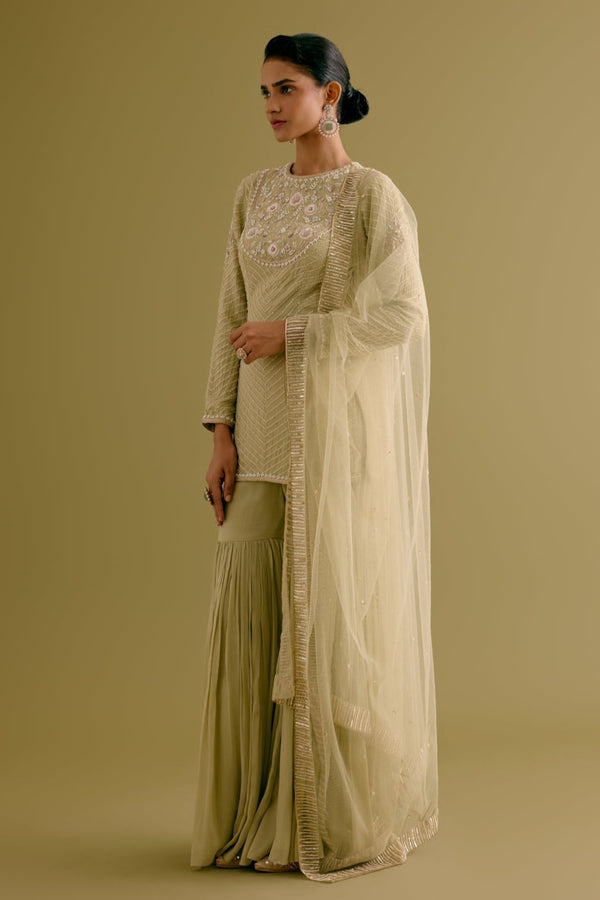 Olive Green Embroidered Georgette Gharara Set