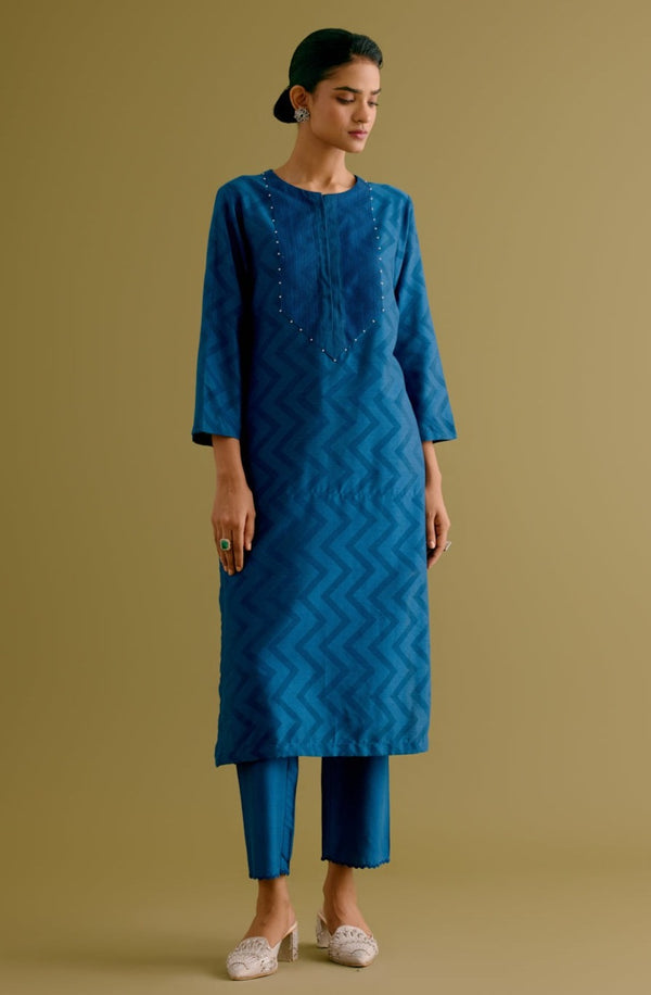Royal Blue Cotton Silk Blend Block Printed Kurta Set