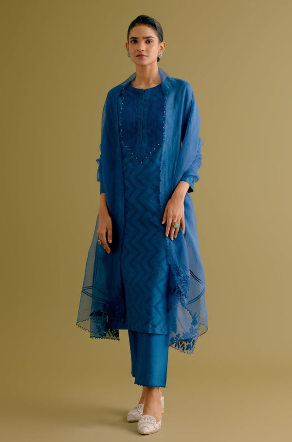 Royal Blue Cotton Silk Blend Block Printed Kurta Set