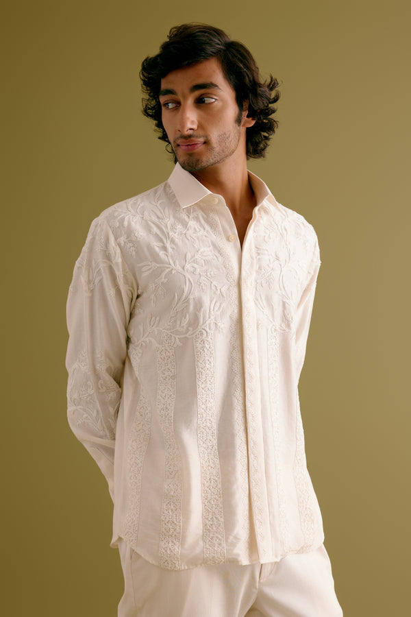 Ivory Embroidered Silk Chanderi Shirt