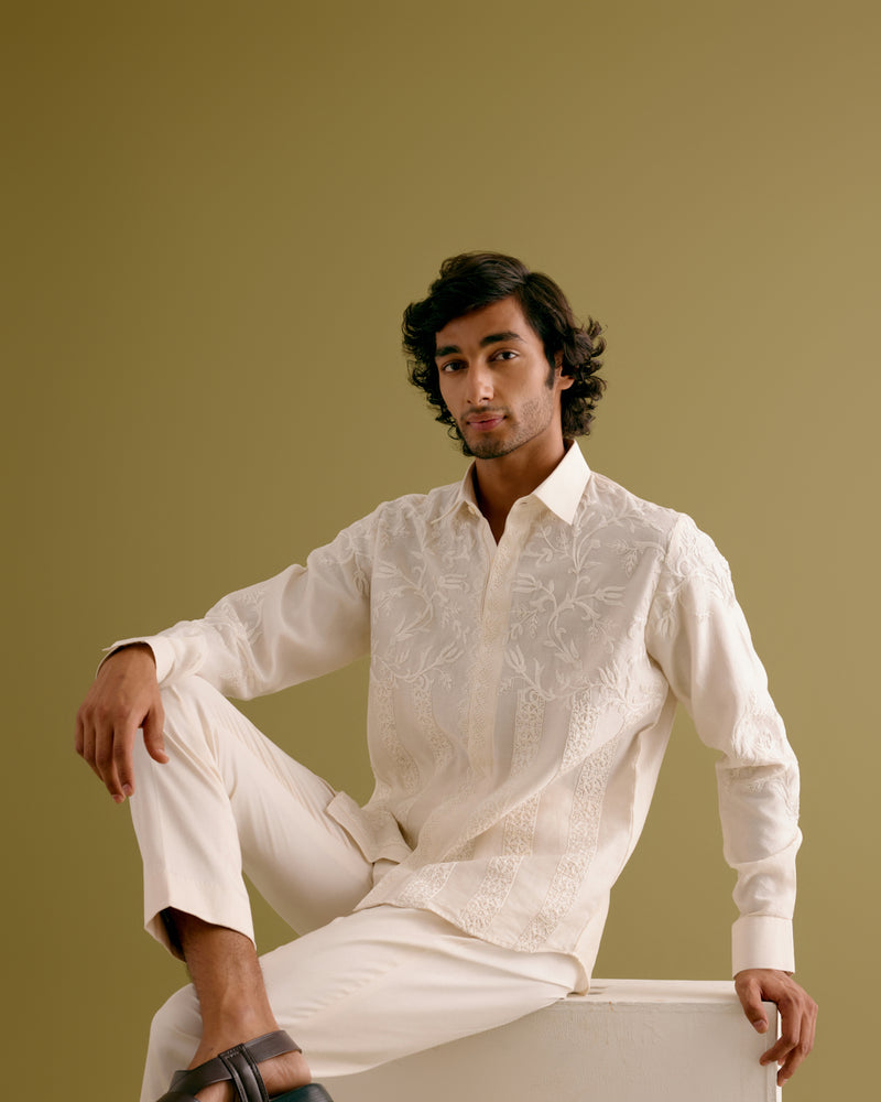 Ivory Embroidered Silk Chanderi Shirt