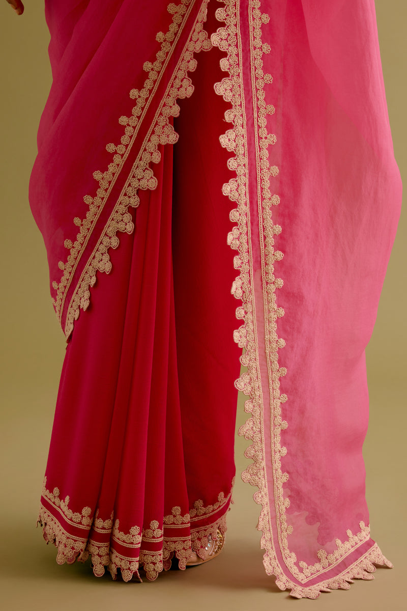 Fuchsia Pink Embroidered Georgette Organza Saree