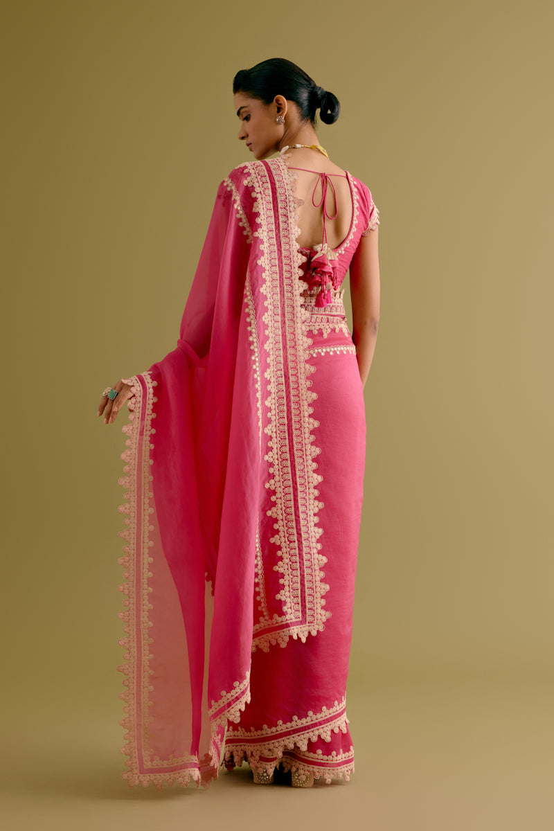 Fuchsia Pink Embroidered Georgette Organza Saree