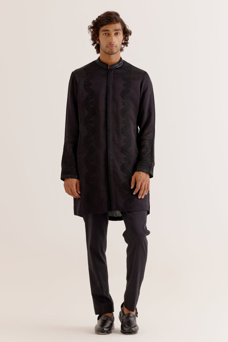 Black Silk Satin Front-Open Kurta Set