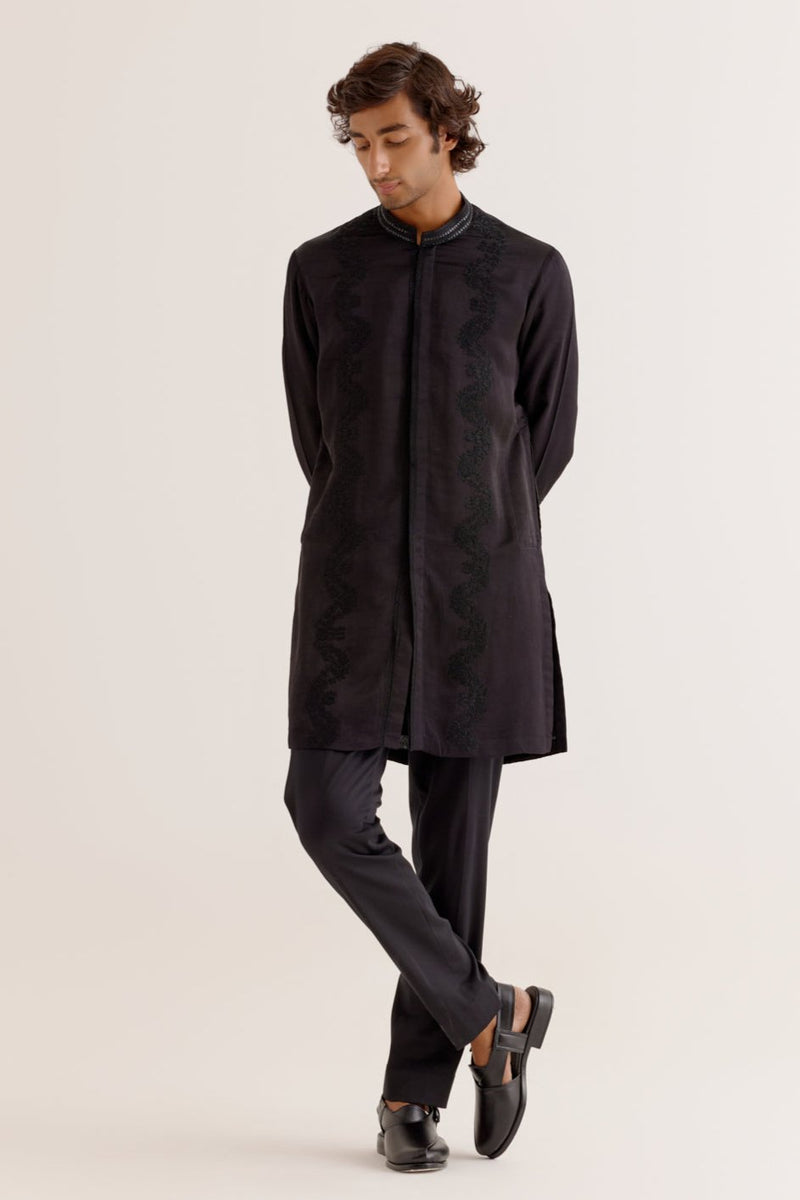 Black Silk Satin Front-Open Kurta Set