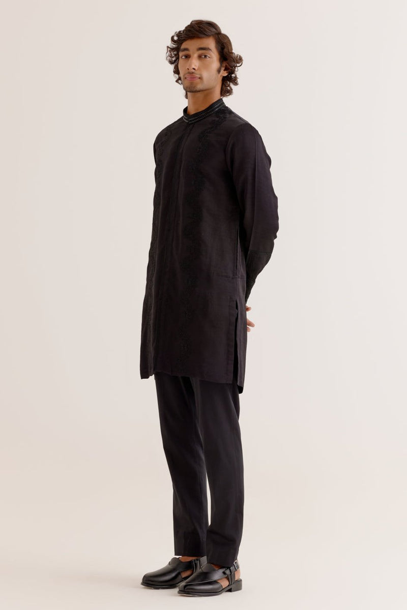 Black Silk Satin Front-Open Kurta Set