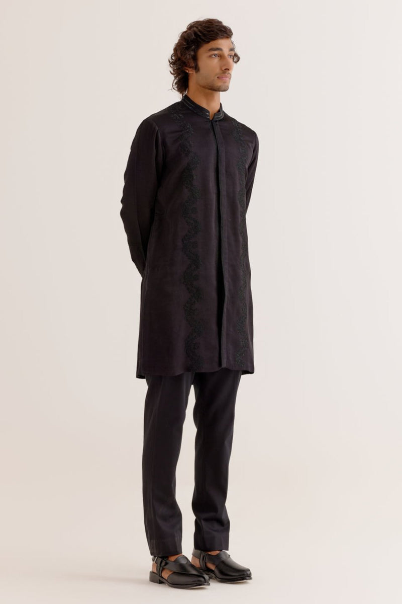 Black Silk Satin Front-Open Kurta Set