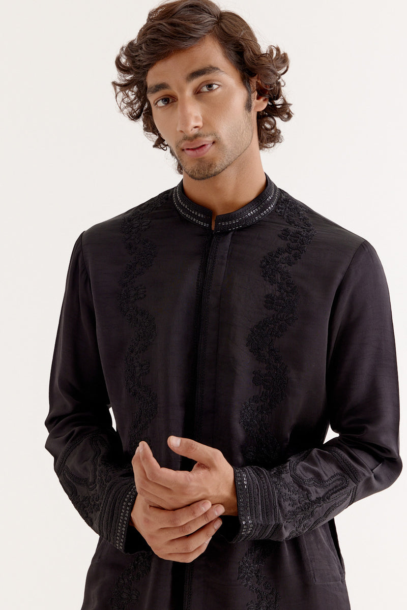 Black Silk Satin Front-Open Kurta Set