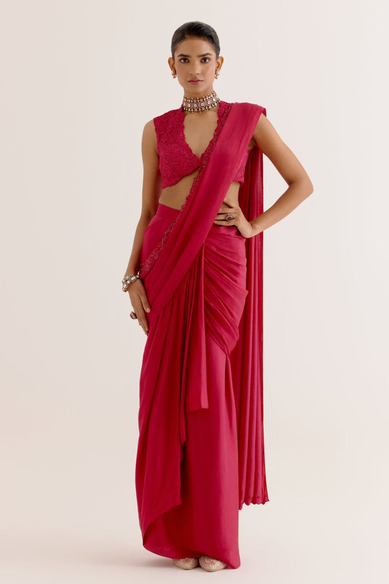 Fuchsia Pink Silk Satin Pre Draped Saree