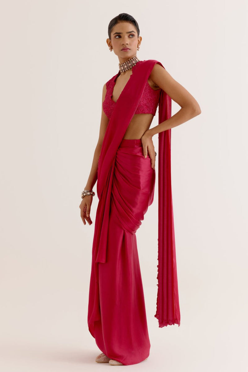 Fuchsia Pink Silk Satin Pre Draped Saree