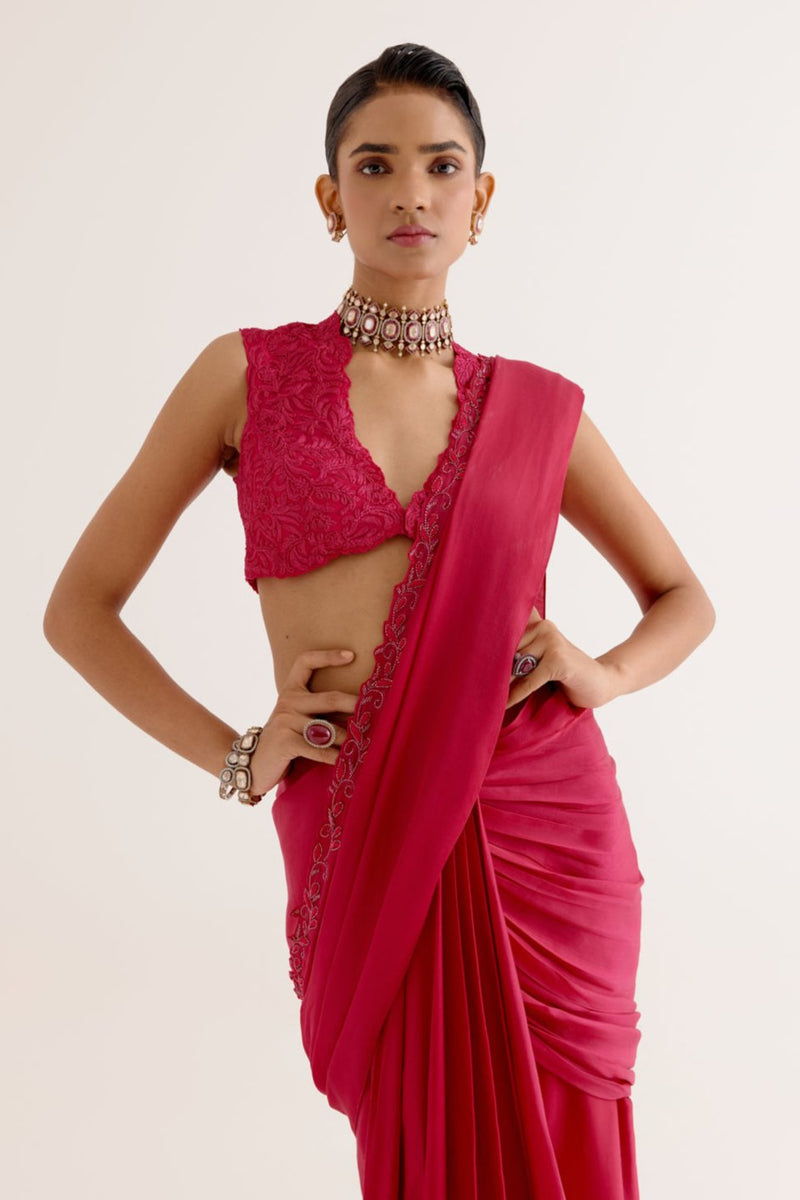 Fuchsia Pink Silk Satin Pre Draped Saree