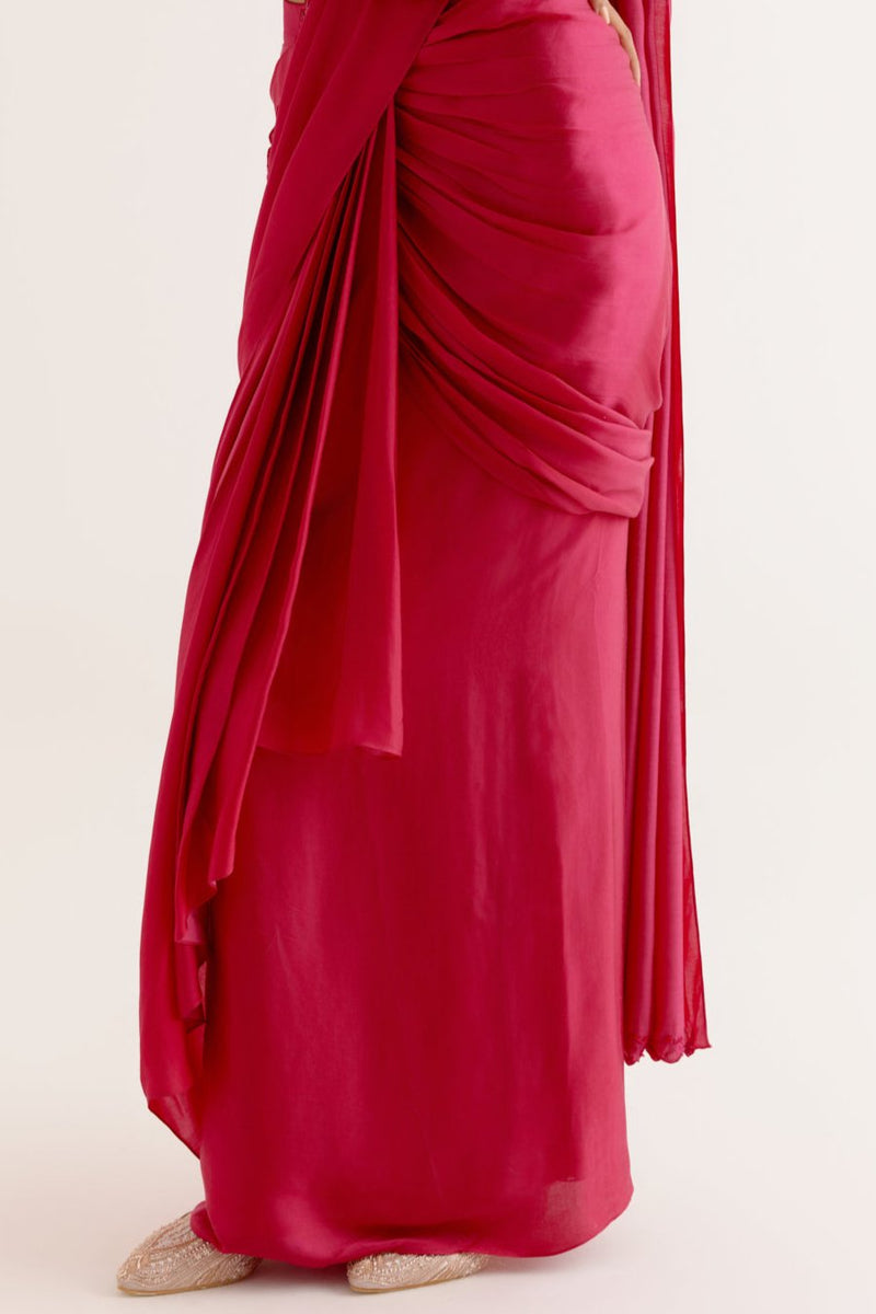 Fuchsia Pink Silk Satin Pre Draped Saree