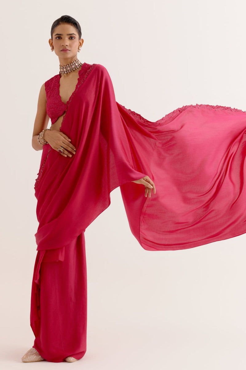 Fuchsia Pink Silk Satin Pre Draped Saree