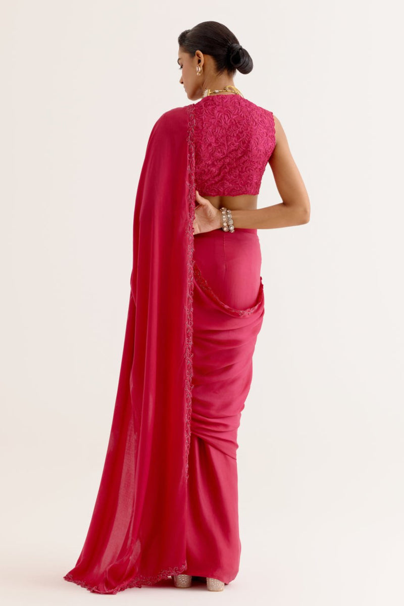 Fuchsia Pink Silk Satin Pre Draped Saree