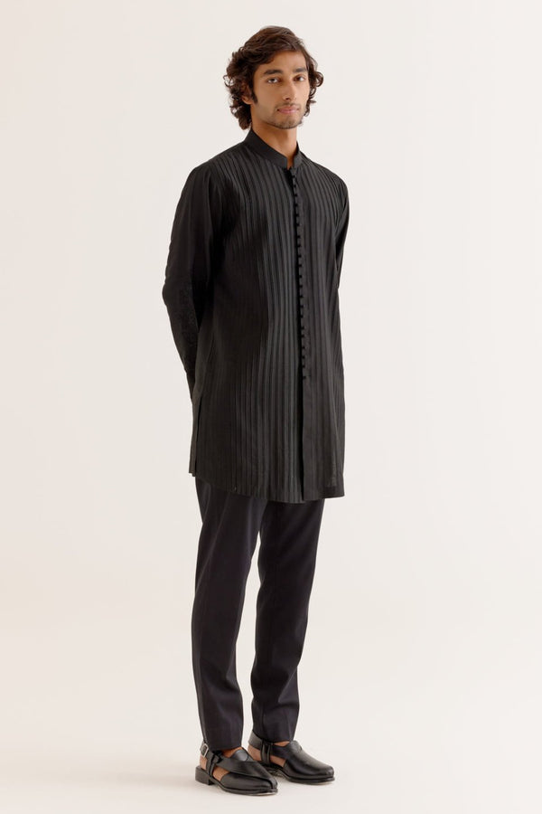 Black Pintuck Dori Embroidered Front-Open Kurta Set