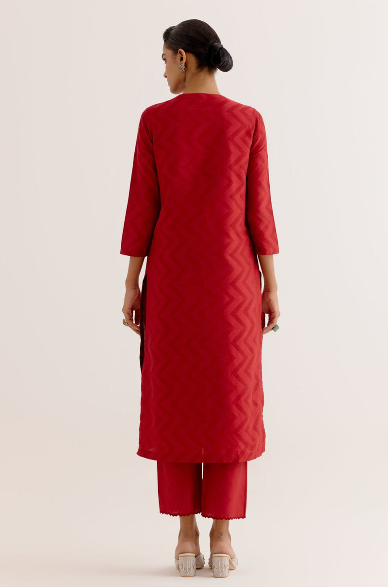 Ruby Red Cotton Silk Blend Block Printed Kurta Set