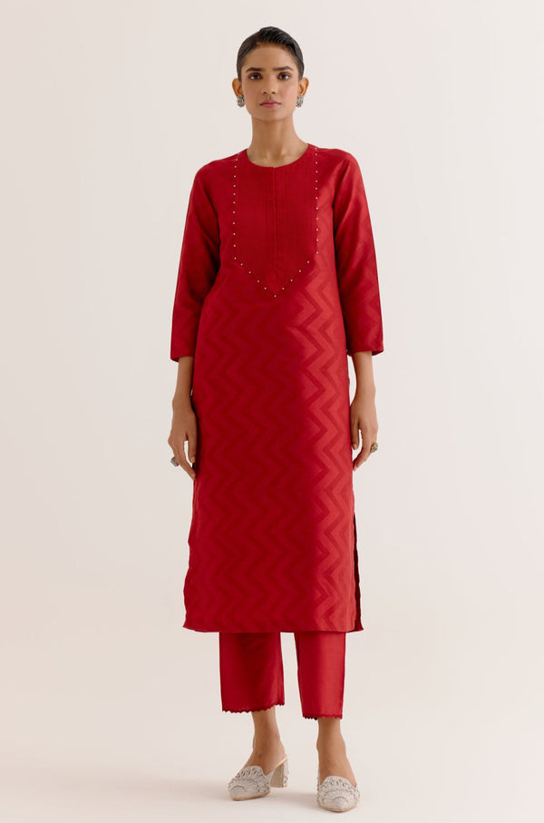 Ruby Red Cotton Silk Blend Block Printed Kurta Set