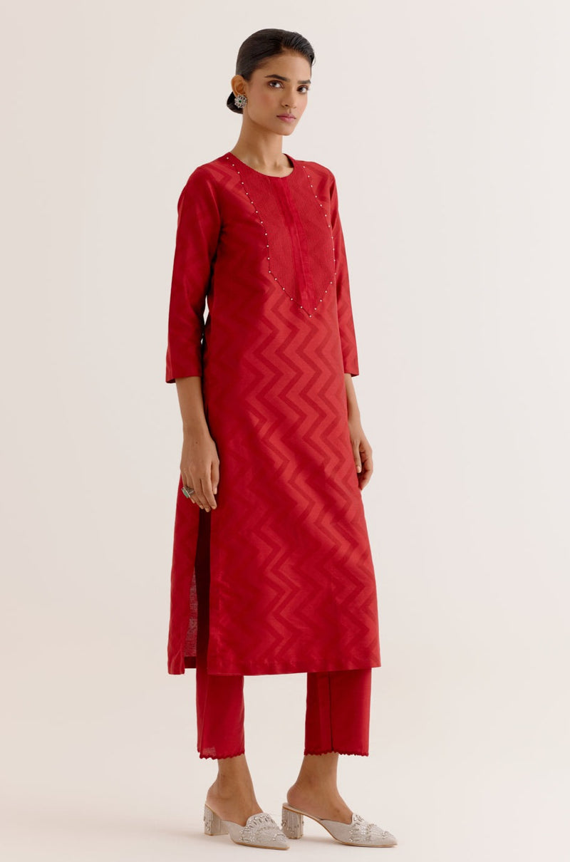 Ruby Red Cotton Silk Blend Block Printed Kurta Set