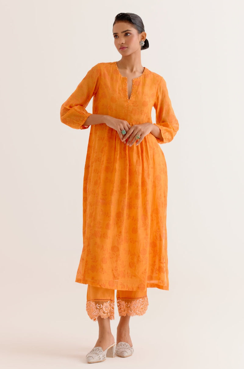 Orange Chanderi Printed Kurta Set