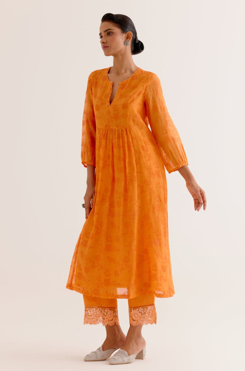 Orange Chanderi Printed Kurta Set