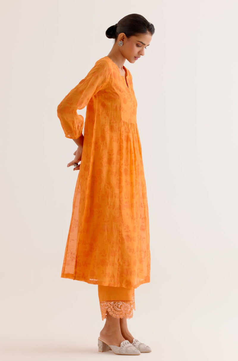 Orange Chanderi Printed Kurta Set