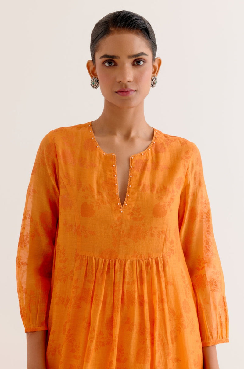 Orange Chanderi Printed Kurta Set