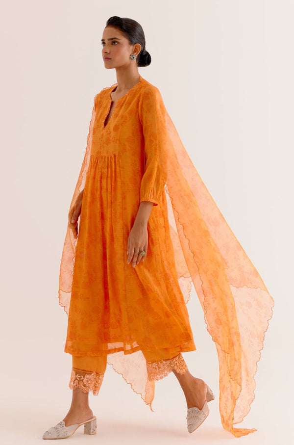 Orange Chanderi Printed Kurta Set