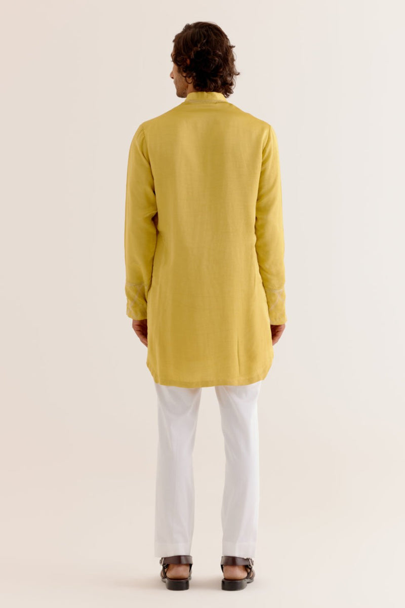 Mustard Yellow Silk Satin Dori Embroidered Kurta Set