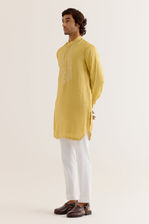 Mustard Yellow Silk Satin Dori Embroidered Kurta Set