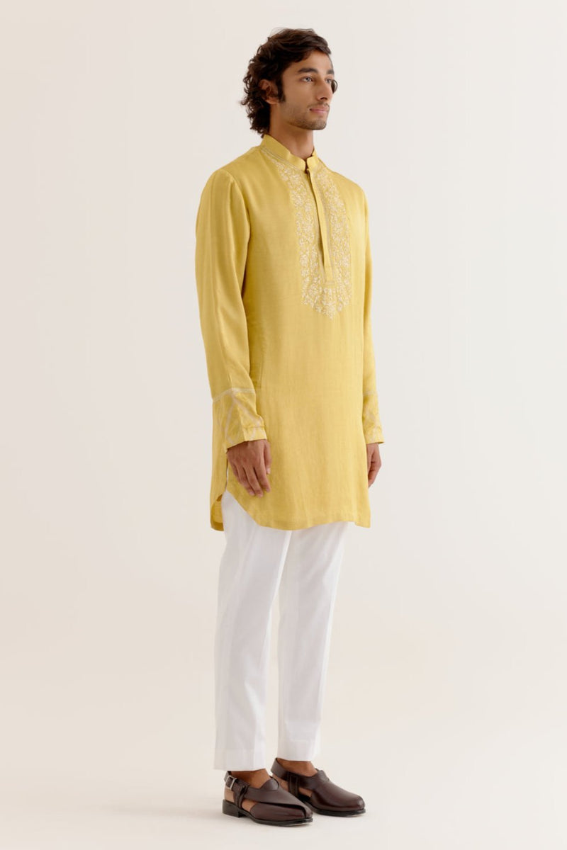 Mustard Yellow Silk Satin Dori Embroidered Kurta Set