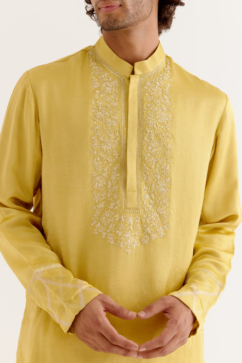 Mustard Yellow Silk Satin Dori Embroidered Kurta Set