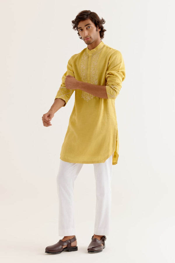 Mustard Yellow Silk Satin Dori Embroidered Kurta Set