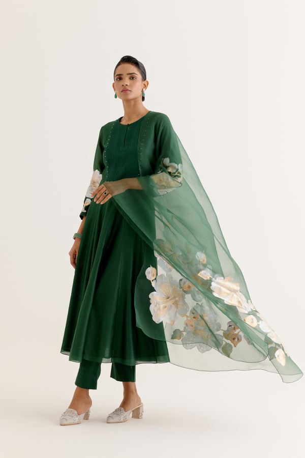 Emerald Green Cotton Silk Blend Hand-Painted Anarkali Set