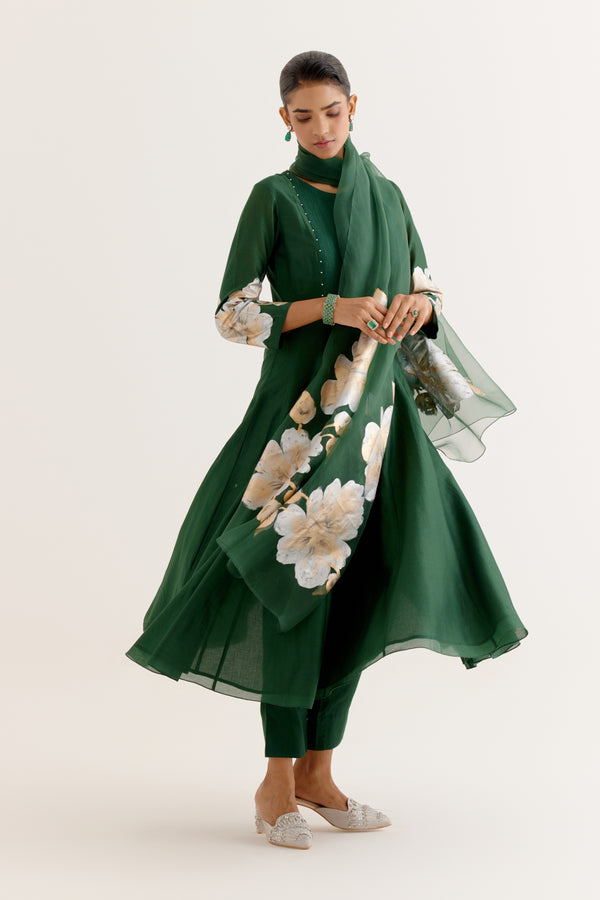 Emerald Green Cotton Silk Blend Hand-Painted Anarkali Set