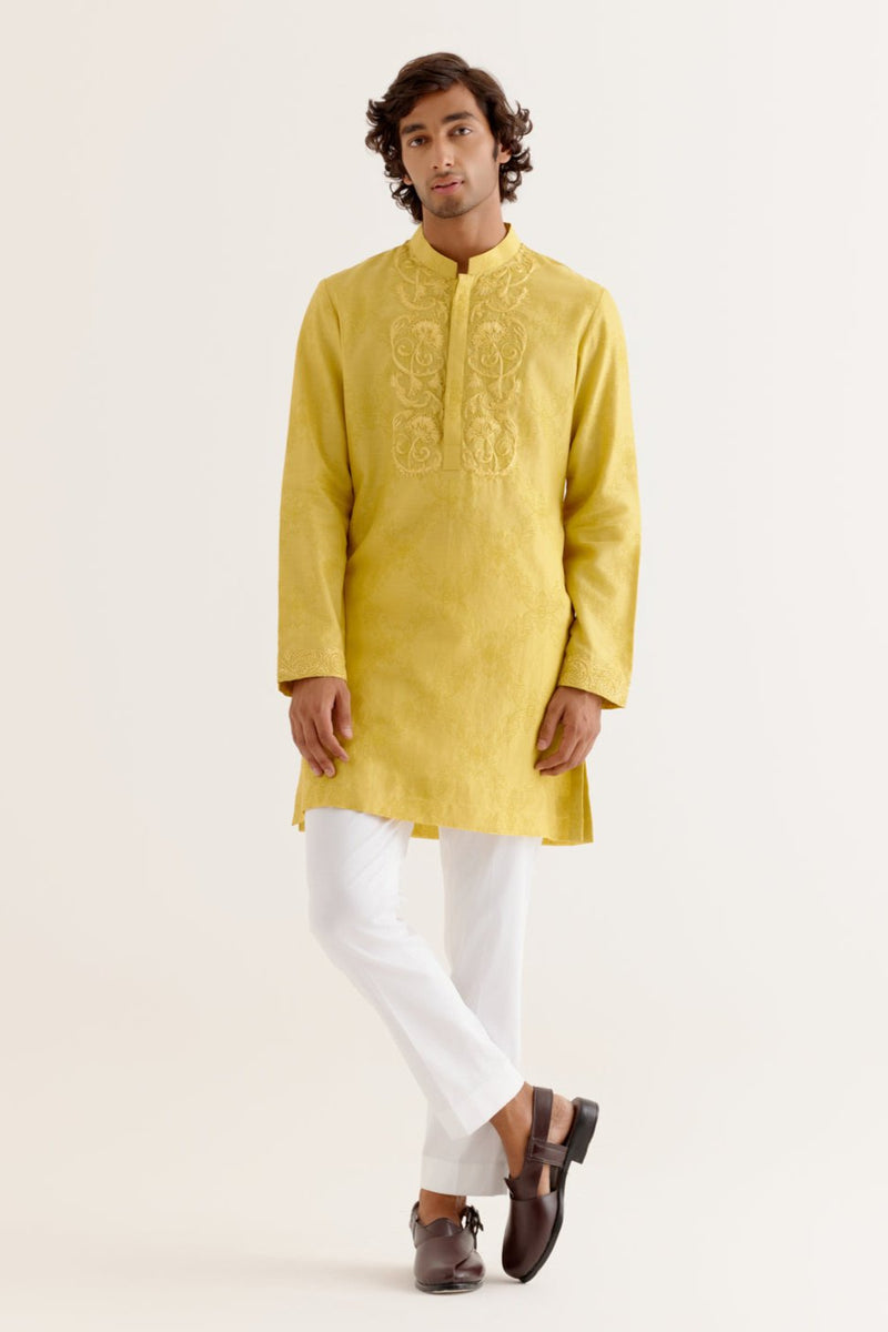 Mustard Yellow Block Printed Dori Embroidered Kurta Set