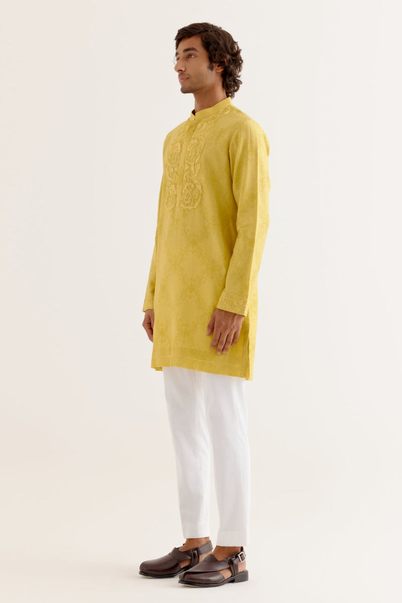 Mustard Yellow Block Printed Dori Embroidered Kurta Set