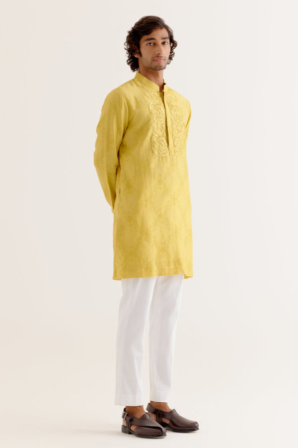 Mustard Yellow Block Printed Dori Embroidered Kurta Set