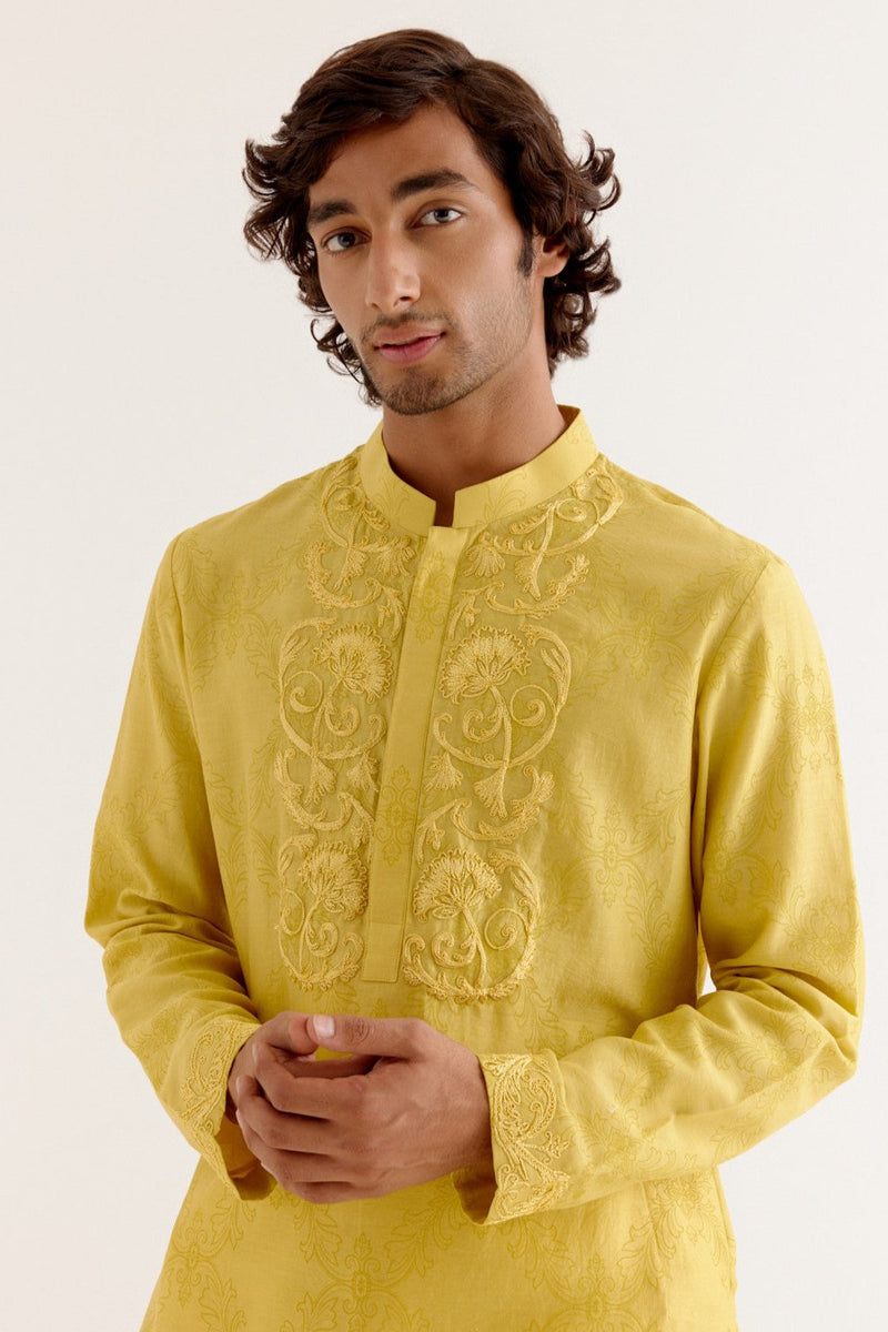 Mustard Yellow Block Printed Dori Embroidered Kurta Set