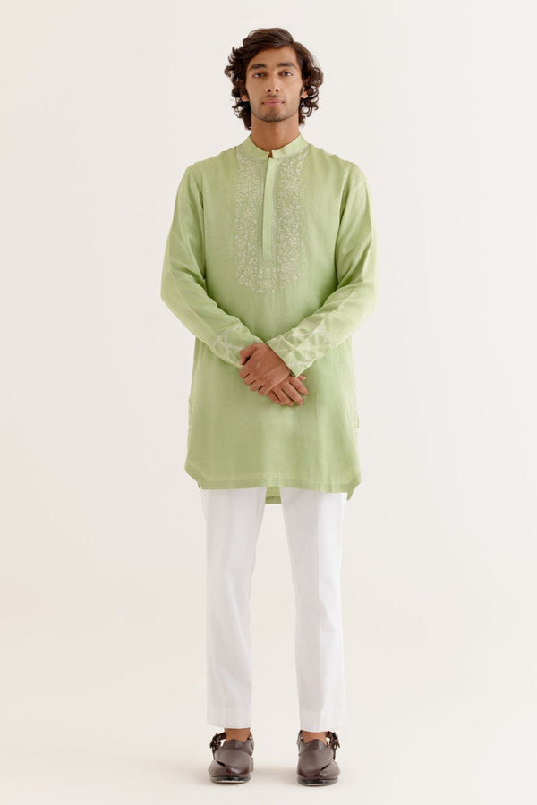 Pistachio Green Silk Satin Dori Embroidered Kurta Set