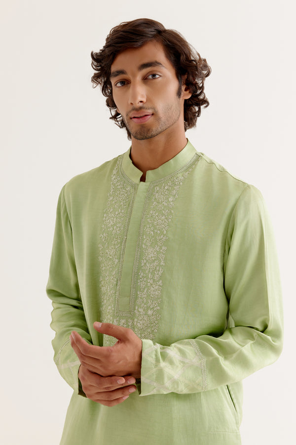 Pistachio Green Silk Satin Dori Embroidered Kurta Set