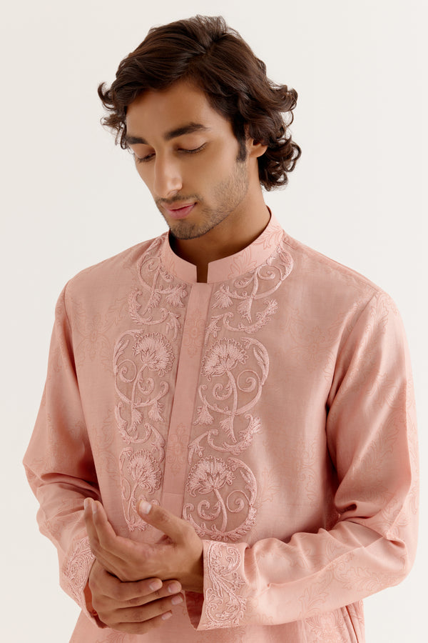 Blush Pink Block Printed Dori Embroidered Kurta Set