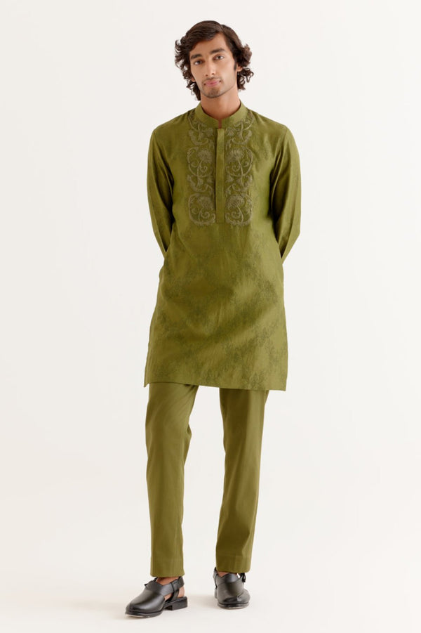 Olive Green Block Printed Dori Embroidered Kurta Set