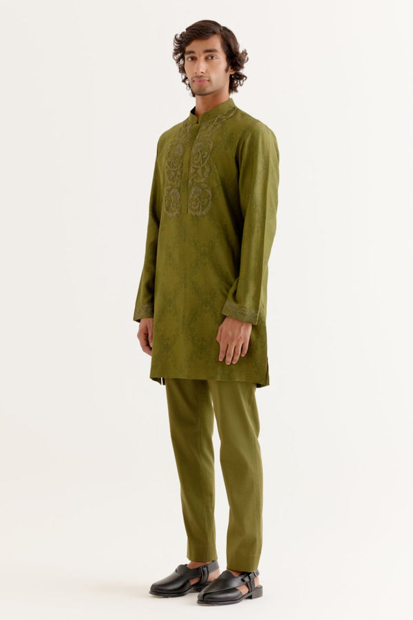 Olive Green Block Printed Dori Embroidered Kurta Set