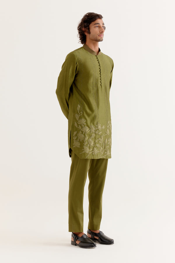 Olive Green Floral Embroidered Chanderi Short Kurta Set