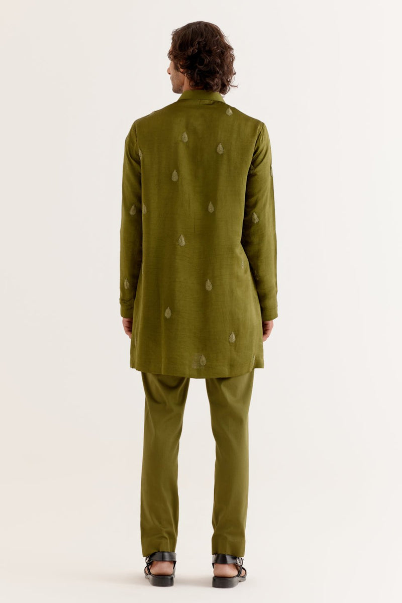 Vijay Deverakonda in Olive Green Dori Embroidered Kurta and Jacket Set