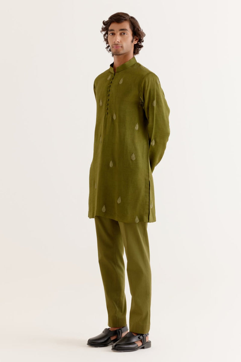 Olive Green Dori Embroidered Kurta and Jacket Set