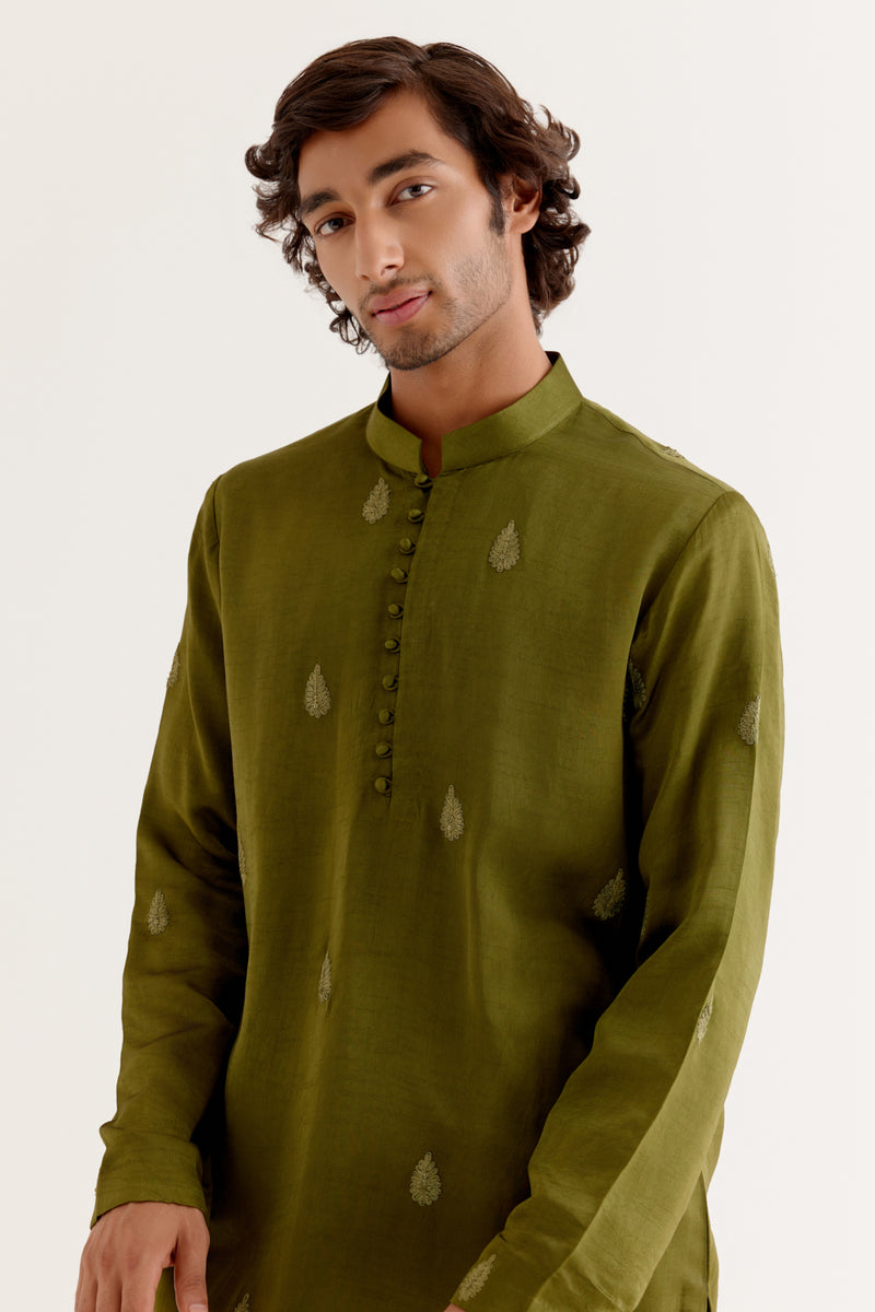 Vijay Deverakonda in Olive Green Dori Embroidered Kurta and Jacket Set