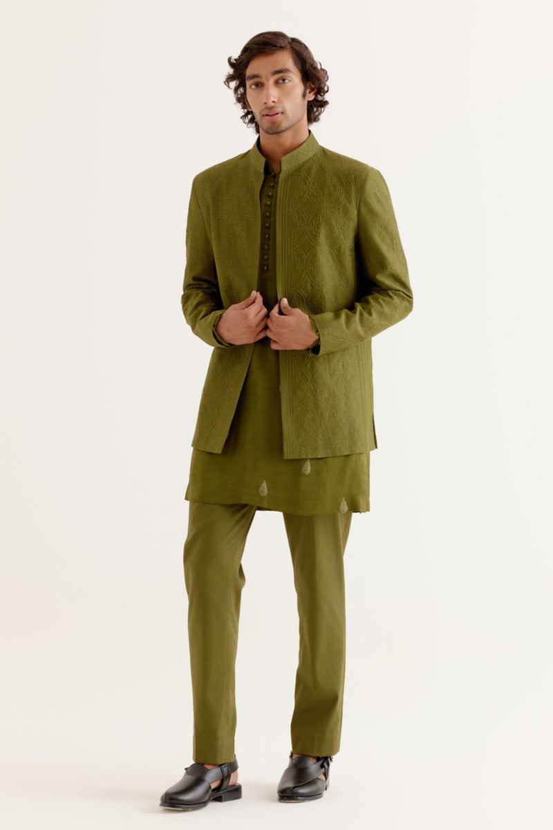 Olive Green Dori Embroidered Kurta and Jacket Set