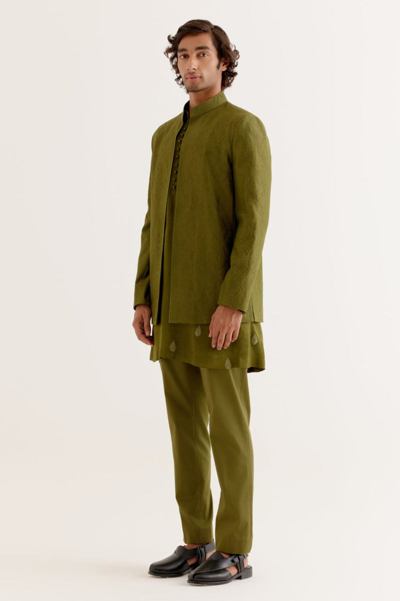 Olive Green Dori Embroidered Kurta and Jacket Set